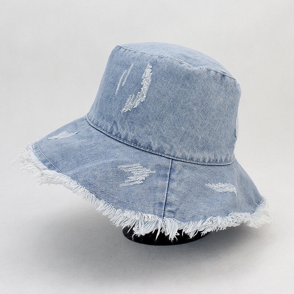 New Womens Solid Color Washed Jeans Bucket Hat Shade Sun Fashion Broken Edges main image 5